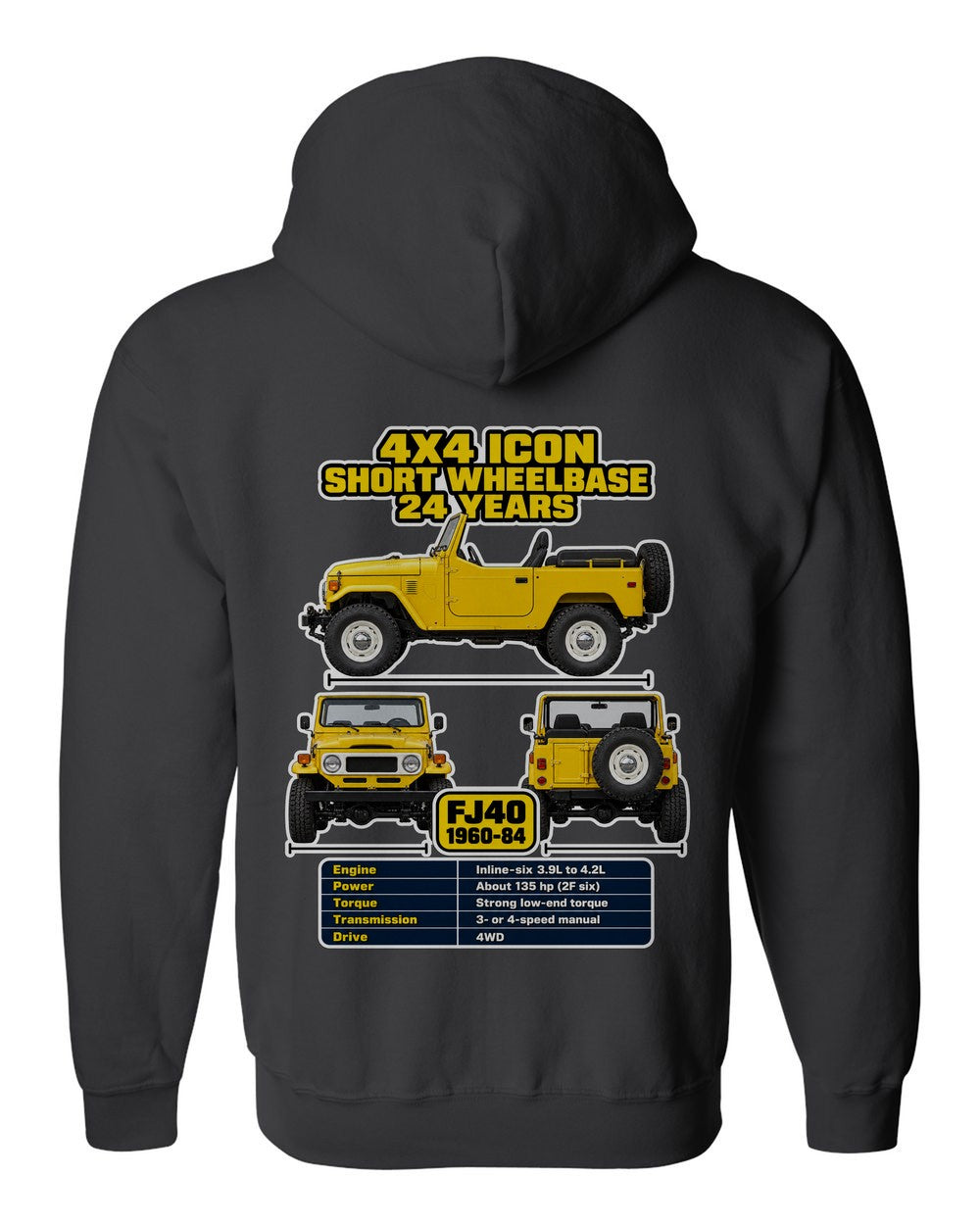 Toyota Fj40 spec sheet black zip hoodie back view with the design
