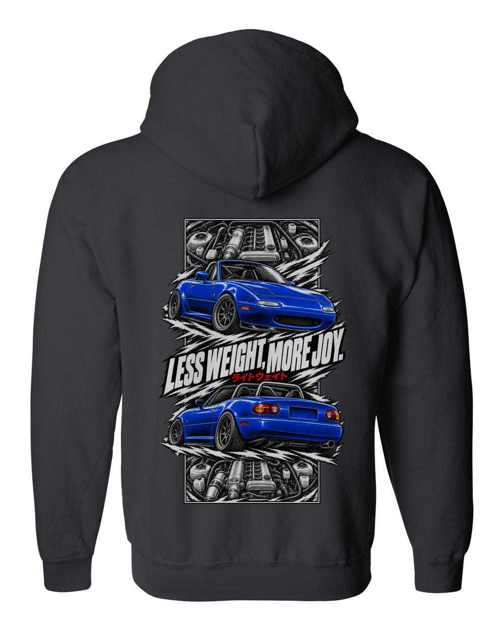 Mazda MX-5 Miata Na torn poster black zip hoodie back view with the design