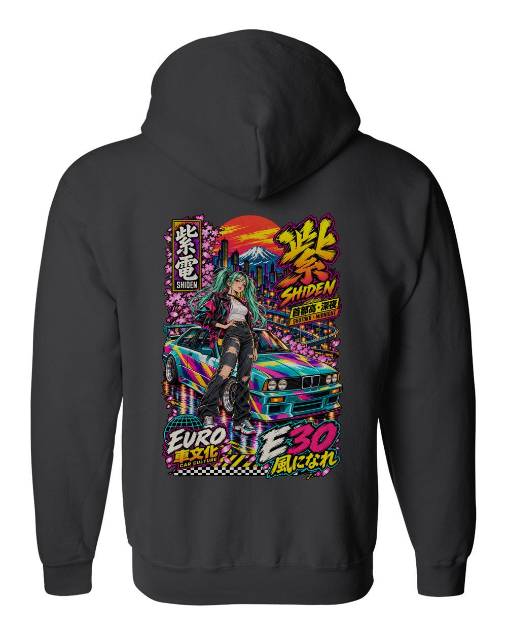 SHIDEN E30 full-back artwork black zip hoodie back view with the design