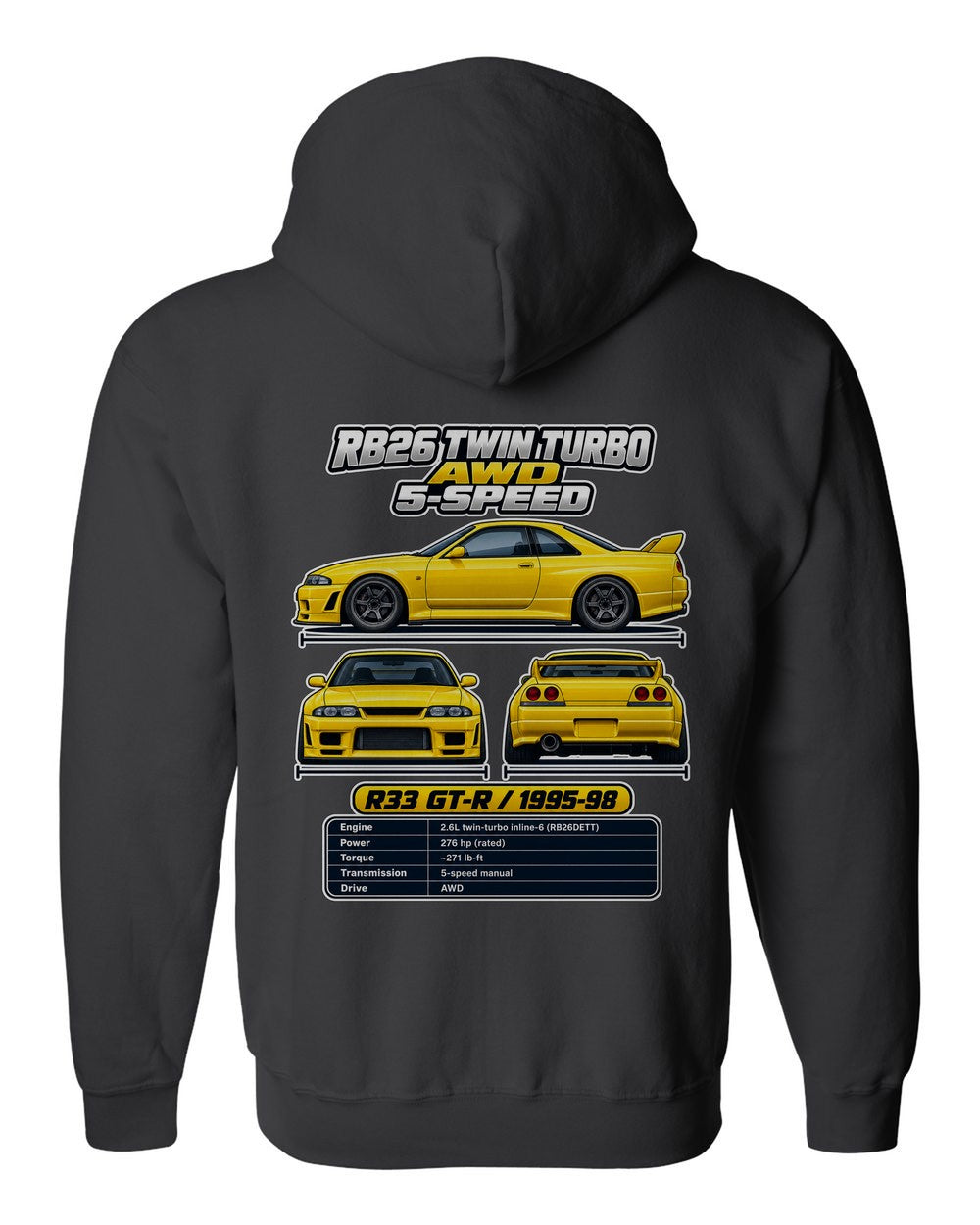 Nissan Skyline Gt R R33 spec sheet black zip hoodie back view with the design