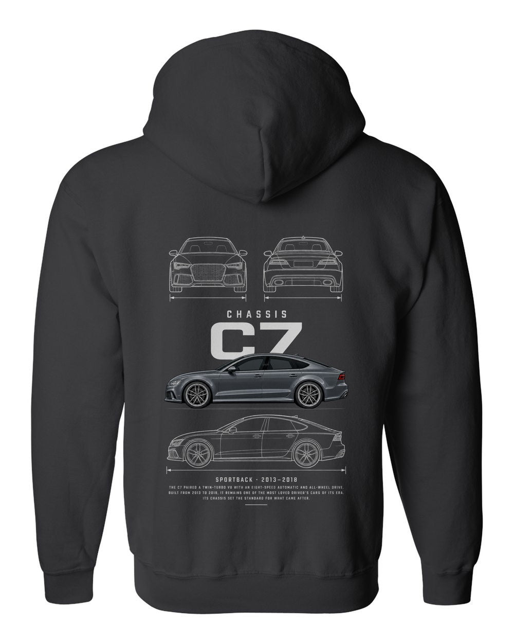 C7 full-back artwork black zip hoodie back view with the design