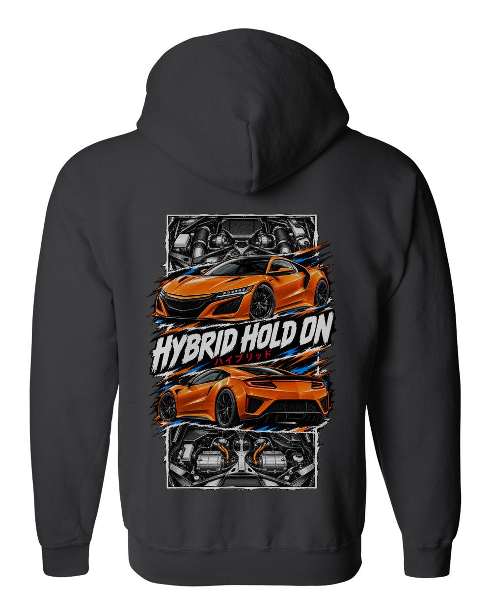 Acura NSX Nc1 torn poster black zip hoodie back view with the design