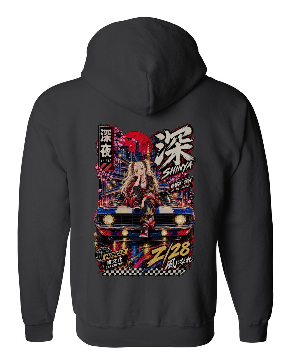SHINYA Z/28 full-back artwork black zip hoodie back view with the design