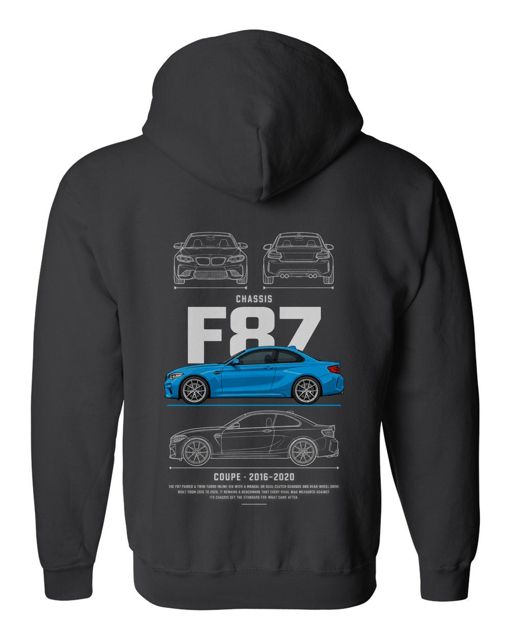 F87 full-back artwork black zip hoodie back view with the design
