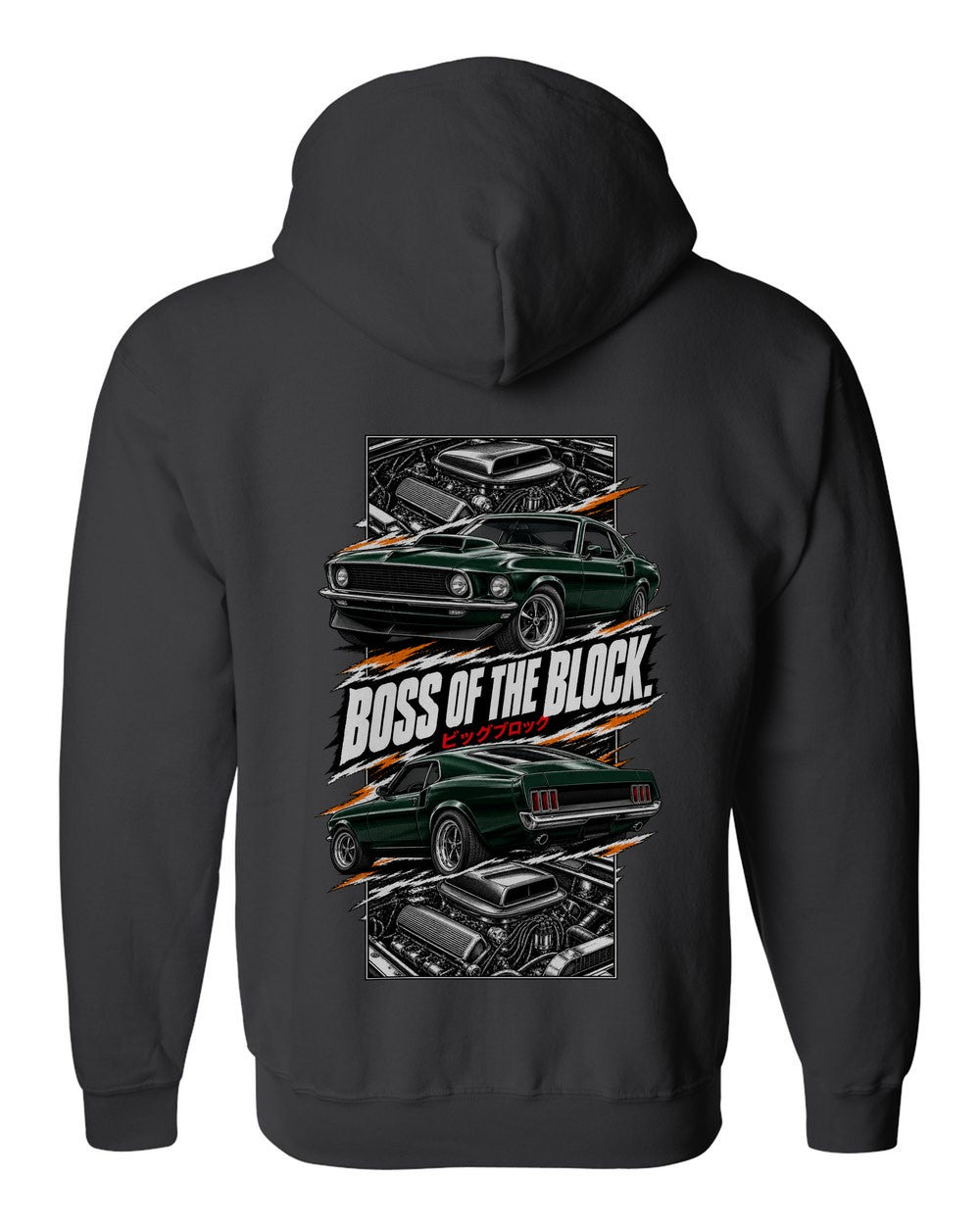Ford Mustang Boss 429 torn poster black zip hoodie back view with the design