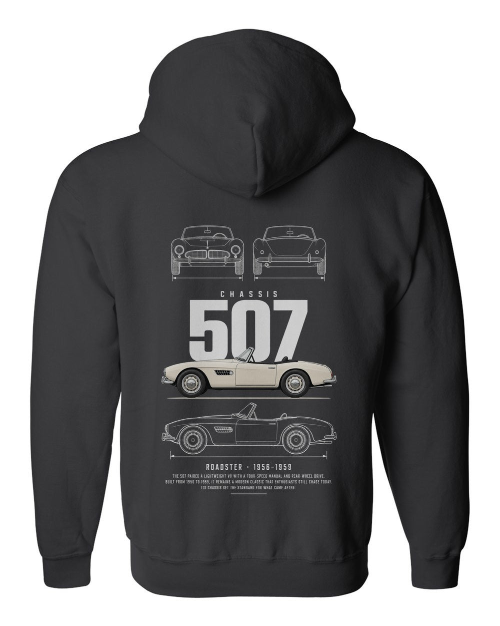 507 full-back artwork black zip hoodie back view with the design