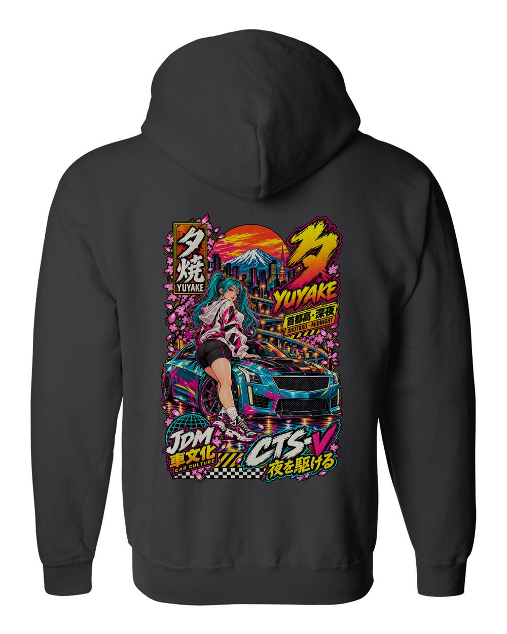 YUYAKE CTS-V full-back artwork black zip hoodie back view with the design