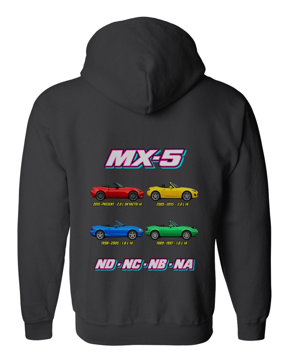Mazda MX-5 evolution poster black zip hoodie back view with the design