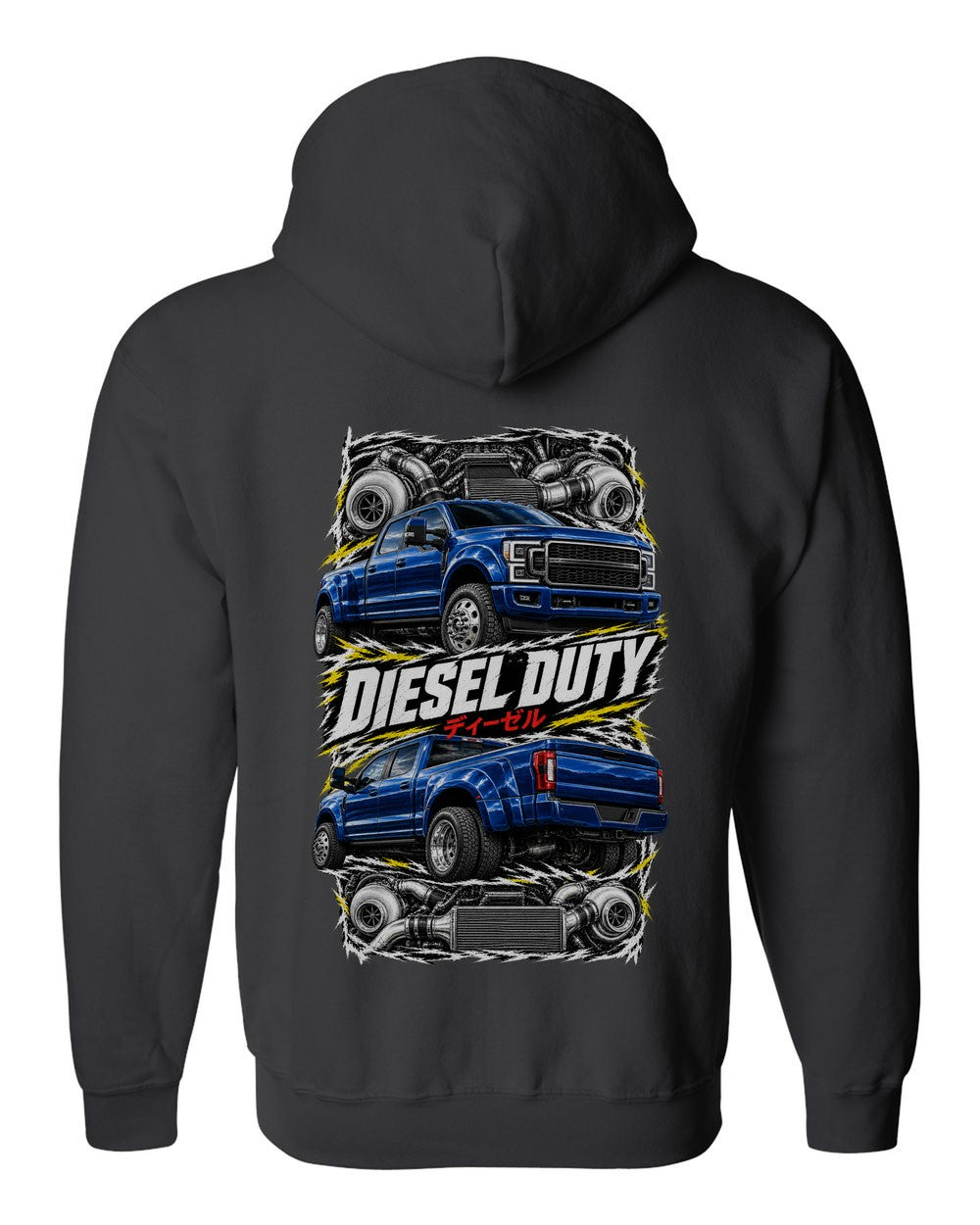 Ford F-250 Power Stroke torn poster black zip hoodie back view with the design