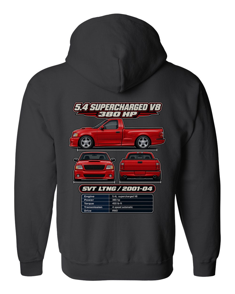 Ford F 150 SVT Lightning spec sheet black zip hoodie back view with the design