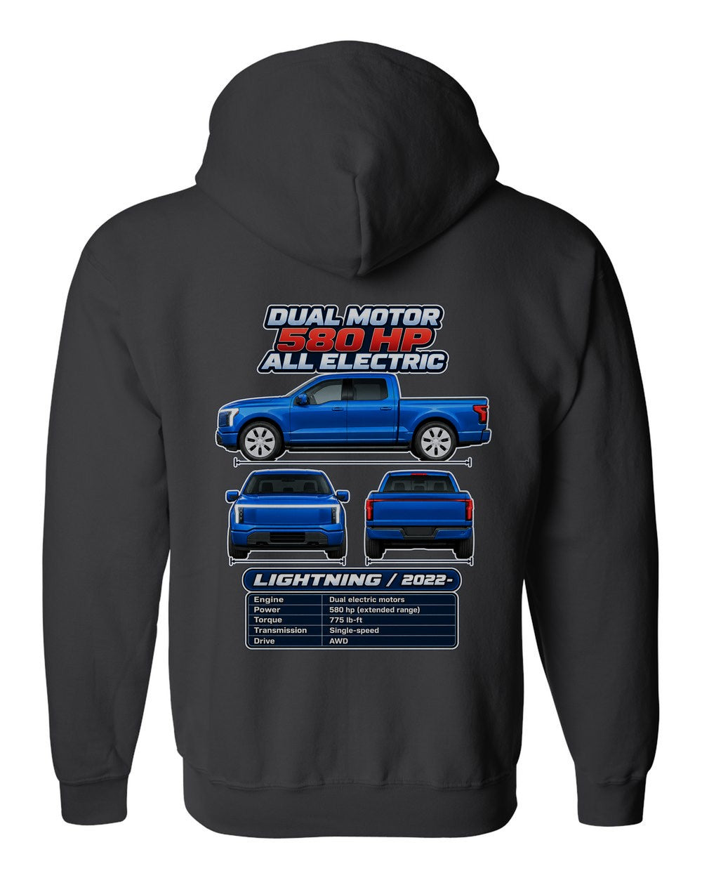 Ford F150 Lightning spec sheet black zip hoodie back view with the design