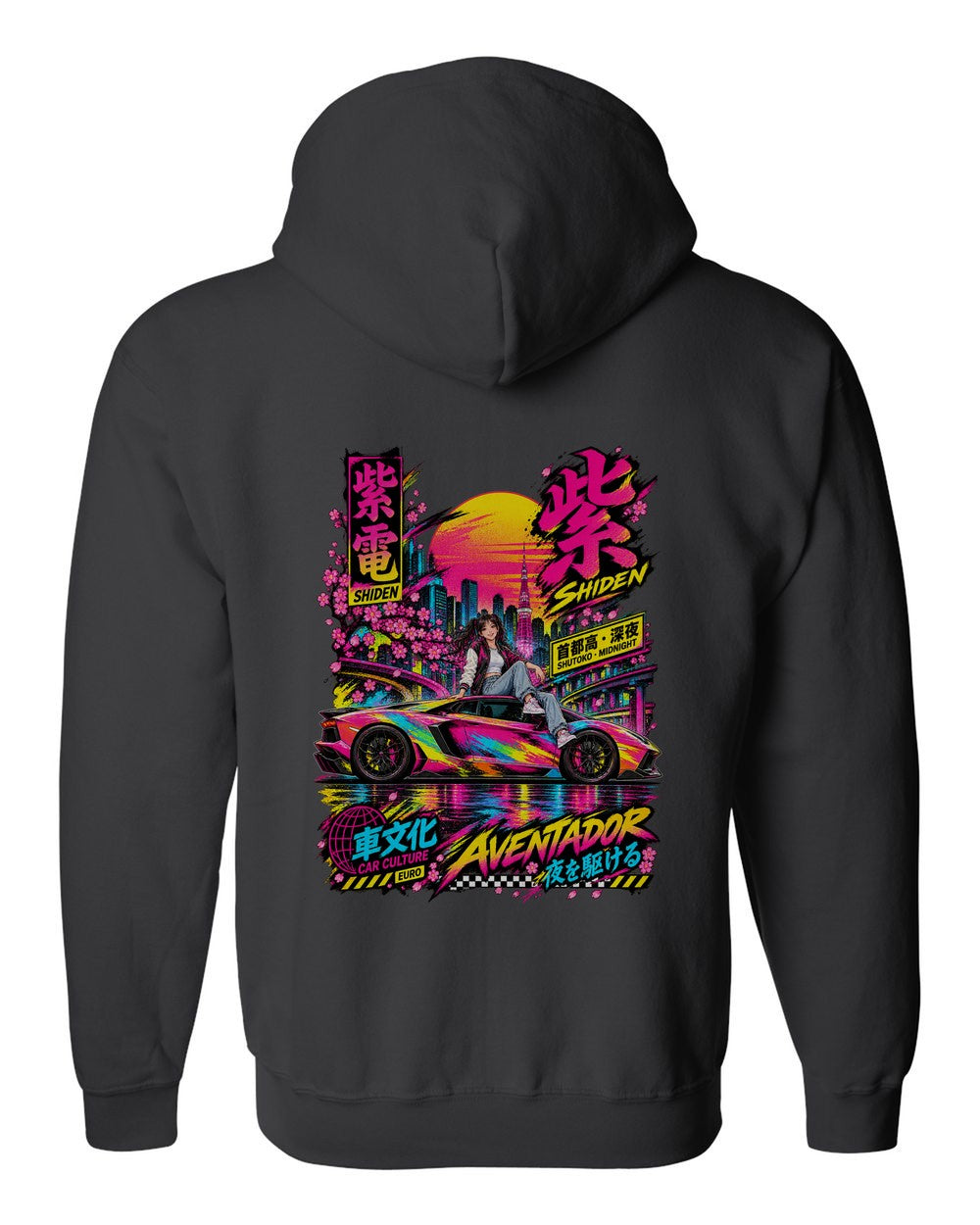 SHIDEN AVENTADOR full-back artwork black zip hoodie back view with the design
