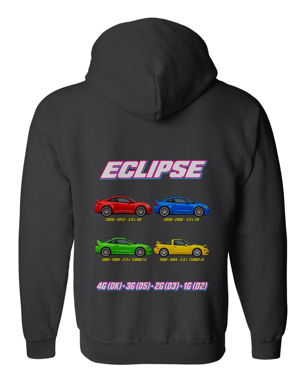 Mitsubishi Eclipse evolution poster black zip hoodie back view with the design
