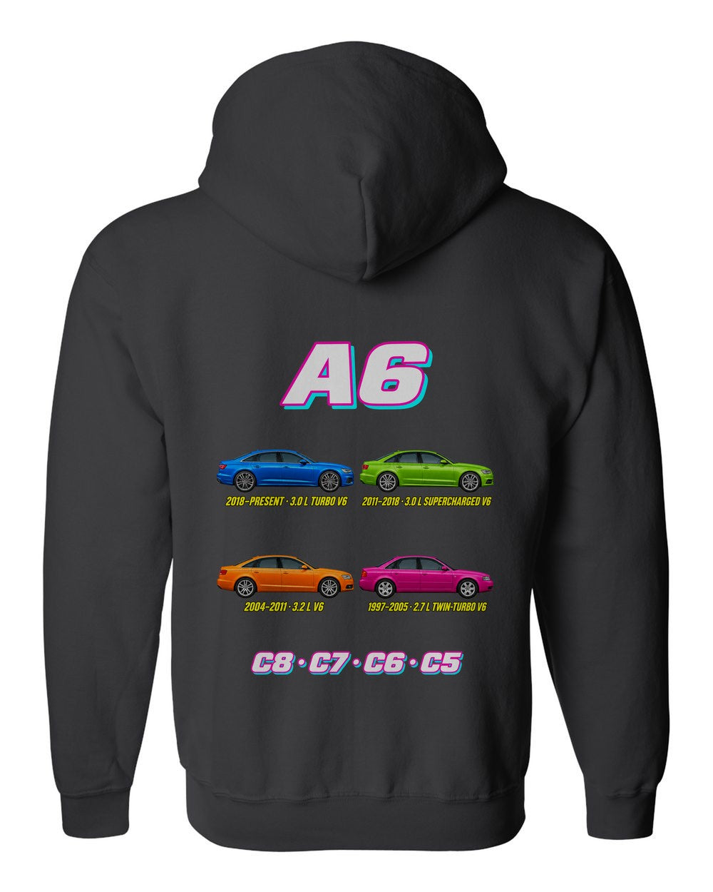 Audi A6 evolution poster black zip hoodie back view with the design