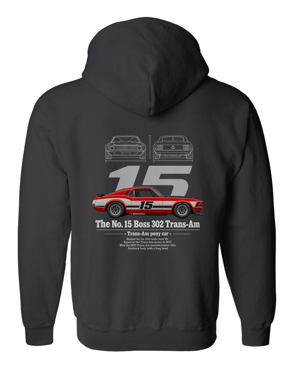 No. 15 Boss 302 Trans-Am black zip hoodie back view with the design