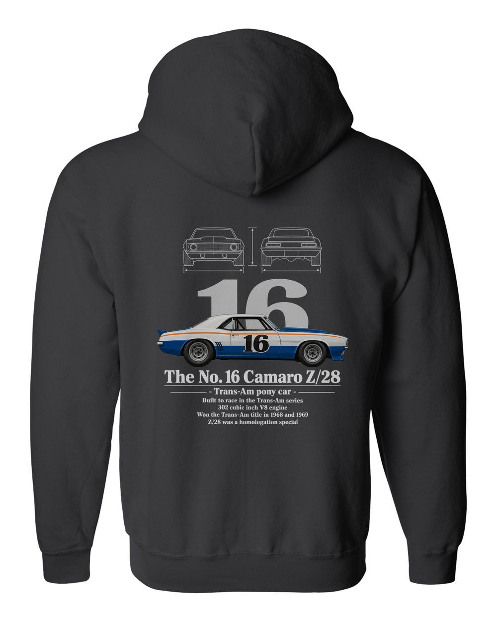 No. 16 Camaro Z/28 black zip hoodie back view with the design