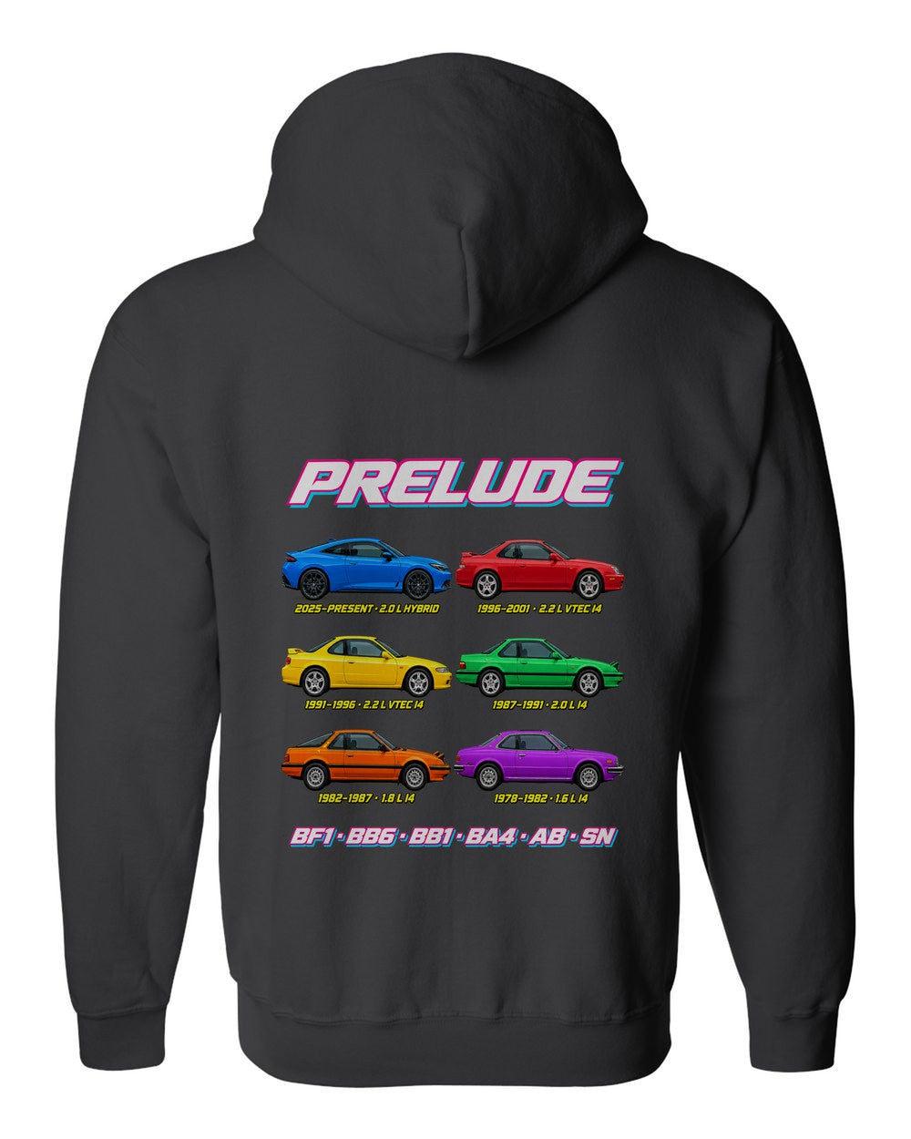 Honda Prelude evolution poster black zip hoodie back view with the design