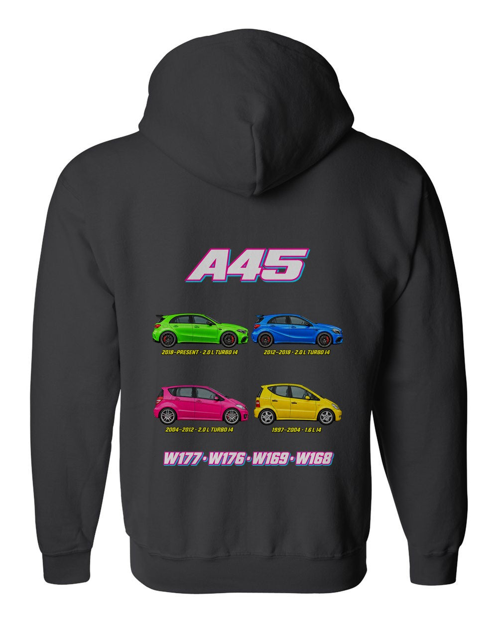 Mercedes A Class evolution poster black zip hoodie back view with the design