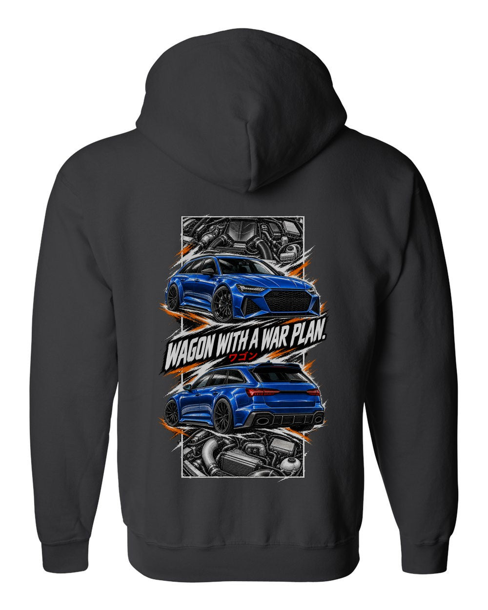 Audi Rs6 torn poster black zip hoodie back view with the design