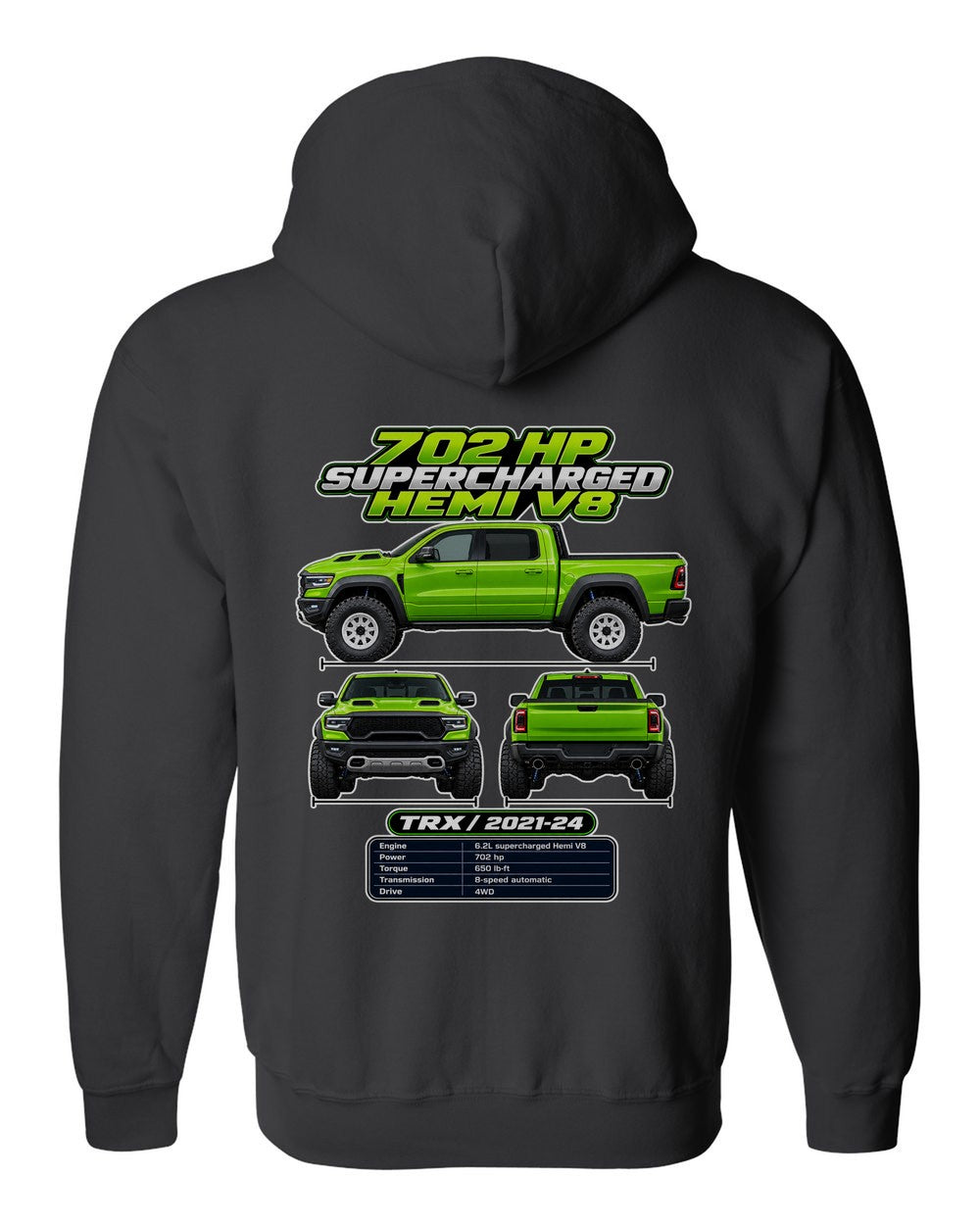 RAM 1500 Trx spec sheet black zip hoodie back view with the design