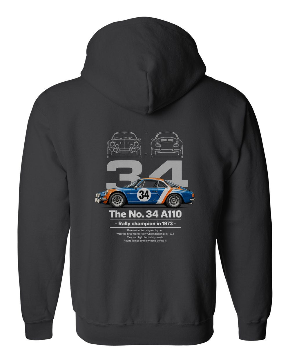 No. 34 A110 black zip hoodie back view with the design