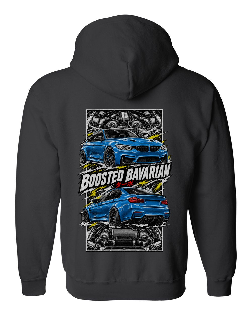 BMW F80 M3 torn poster black zip hoodie back view with the design