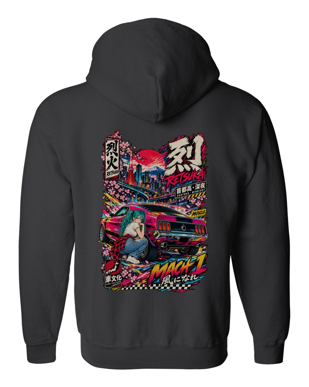 RETSUKA MACH 1 full-back artwork black zip hoodie back view with the design