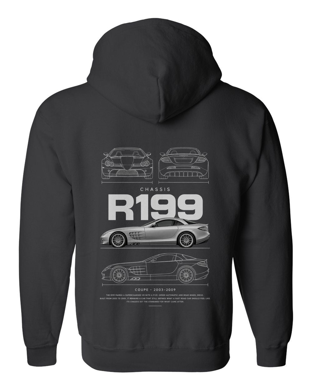 R199 full-back artwork black zip hoodie back view with the design