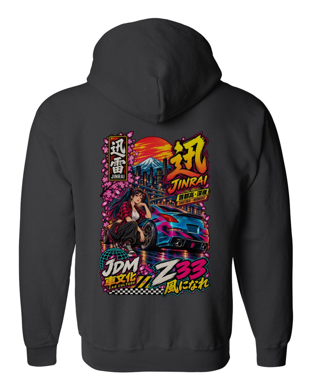 JINRAI Z33 full-back artwork black zip hoodie back view with the design