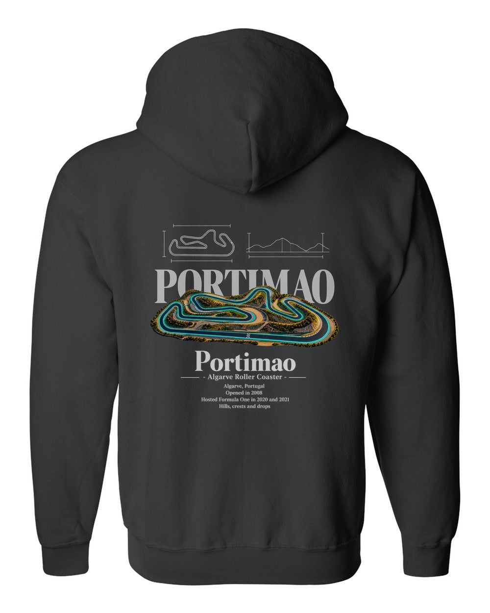 Portimao black zip hoodie back view with the design