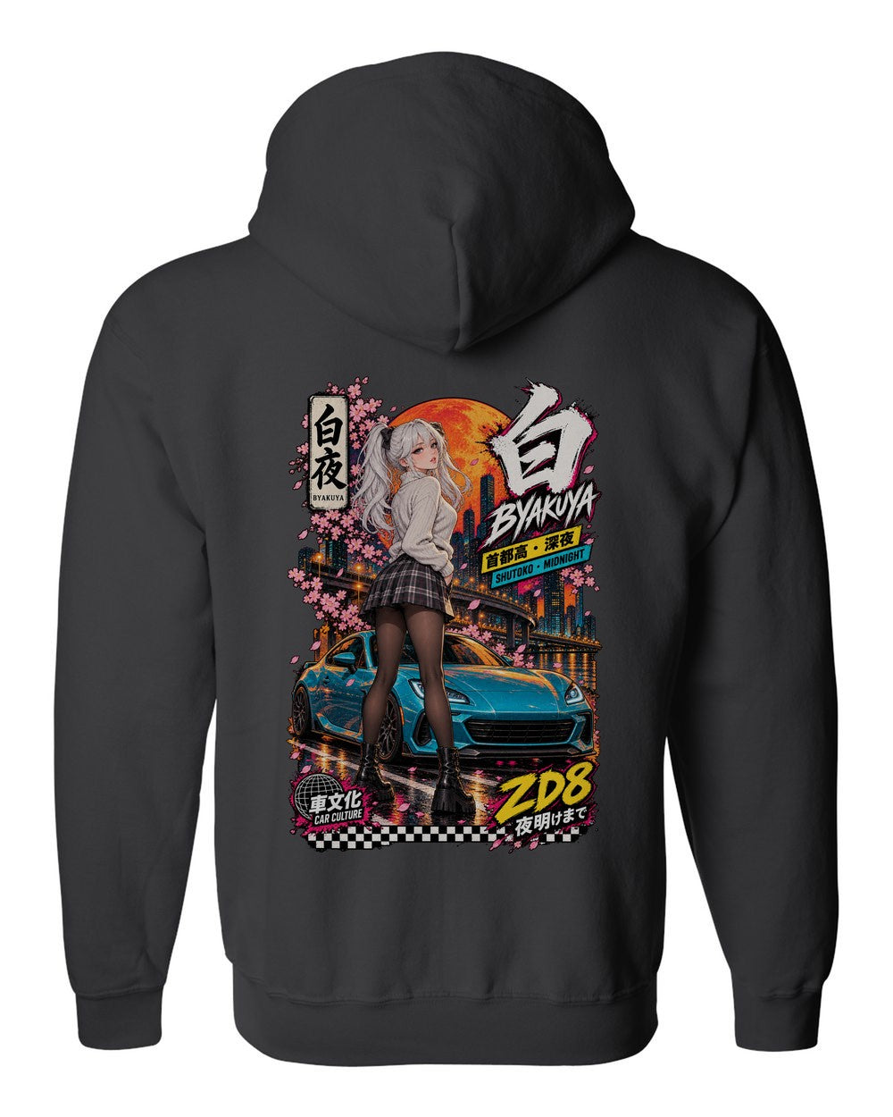 BYAKUYA ZD8 full-back artwork black zip hoodie back view with the design