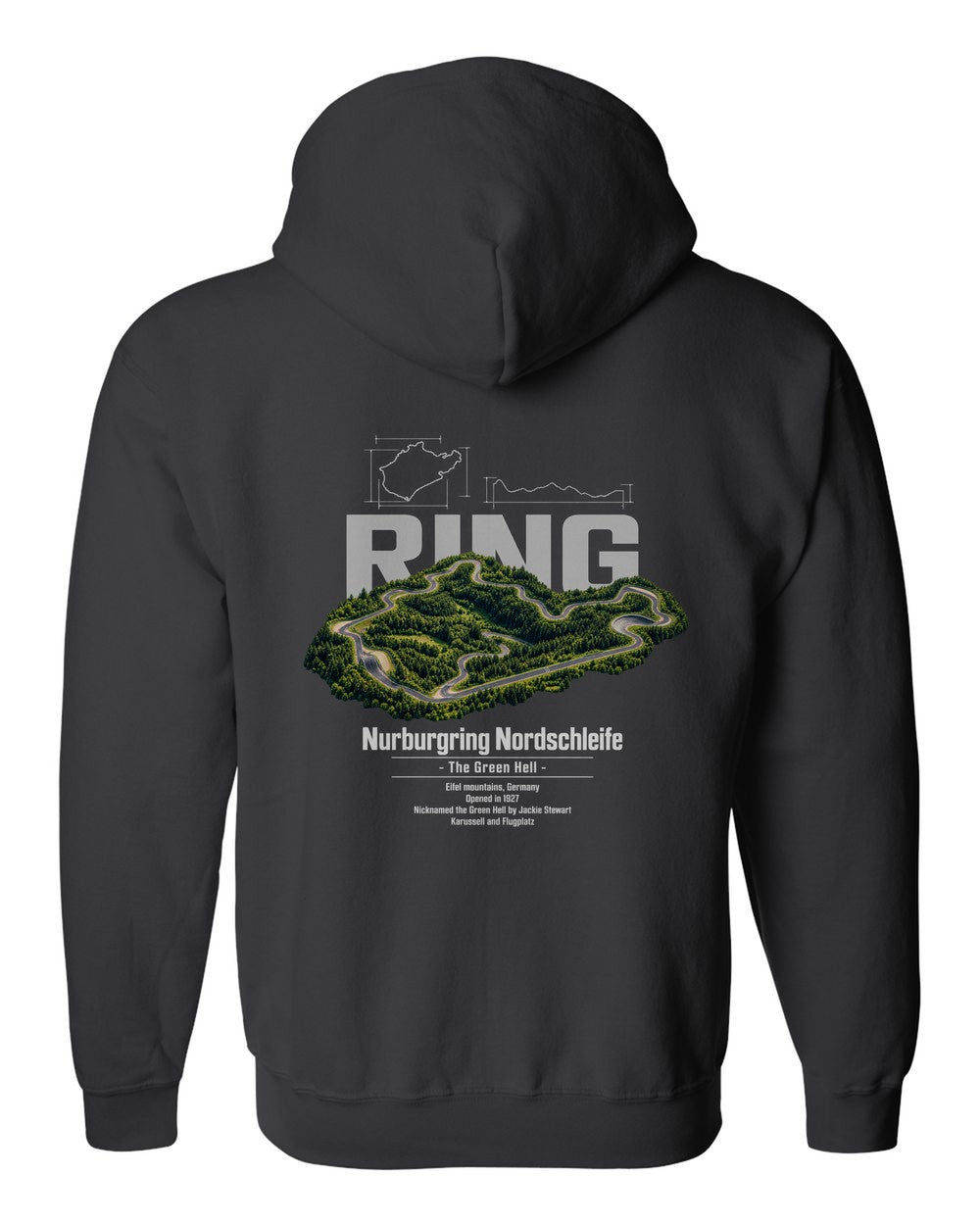 Nurburgring Nordschleife black zip hoodie back view with the design