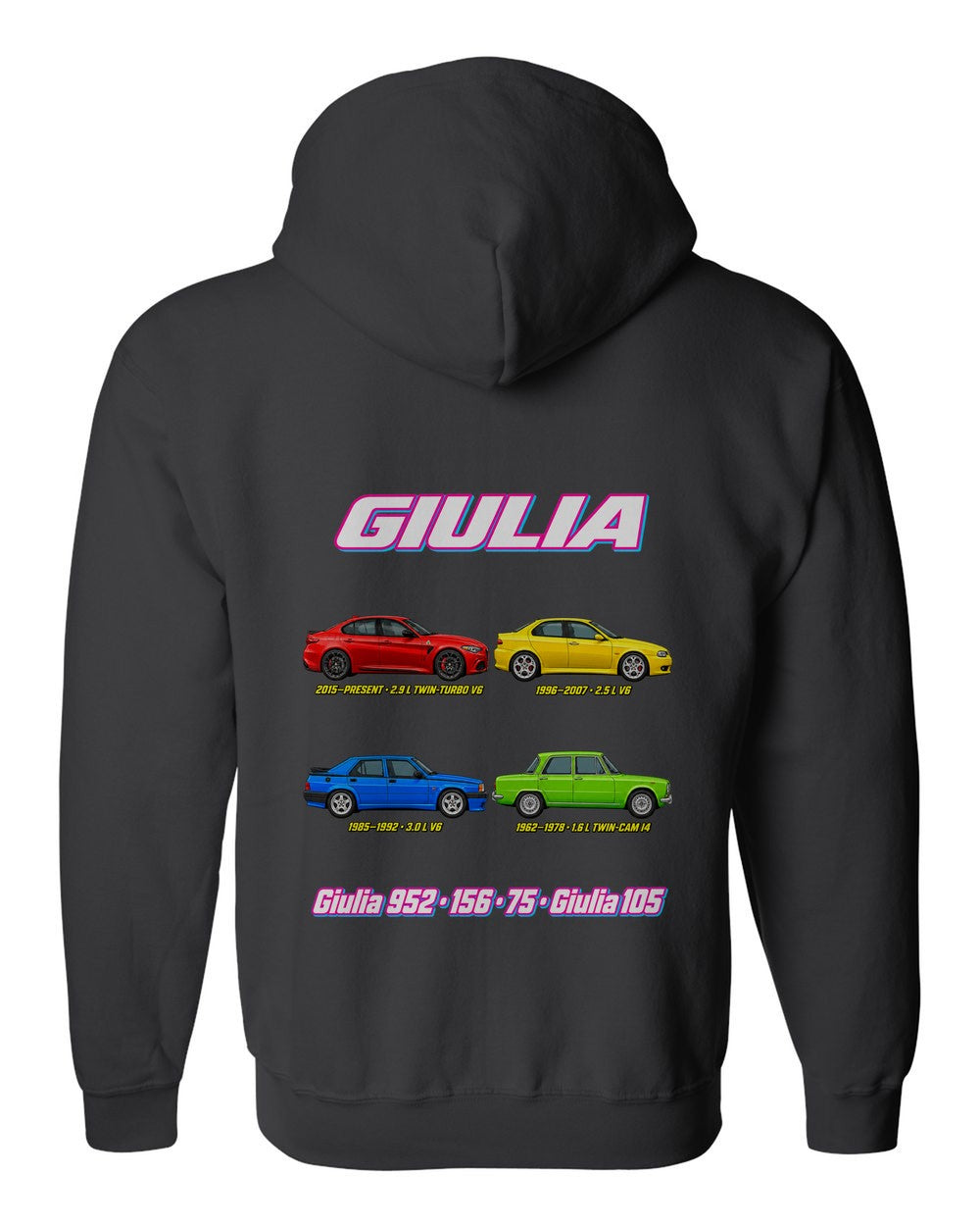 Alfa Giulia evolution poster black zip hoodie back view with the design