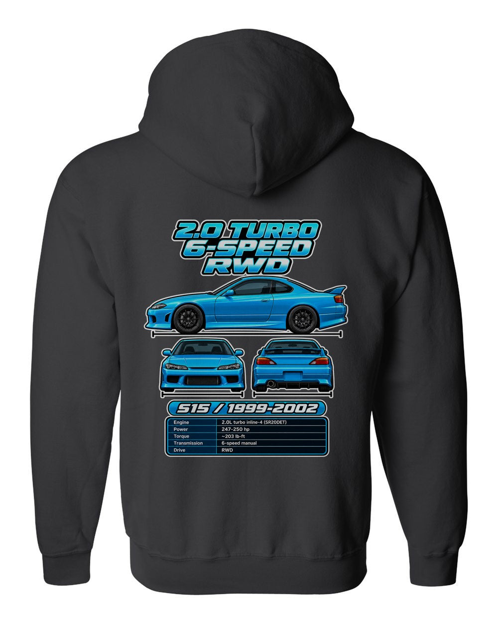 Nissan Silvia S15 spec sheet black zip hoodie back view with the design
