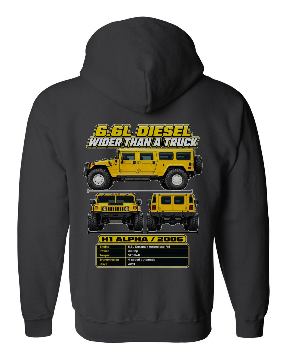 Hummer H1 Alpha spec sheet black zip hoodie back view with the design