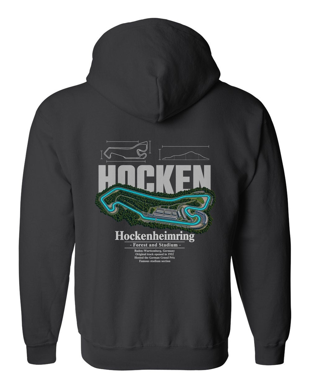 Hockenheimring black zip hoodie back view with the design
