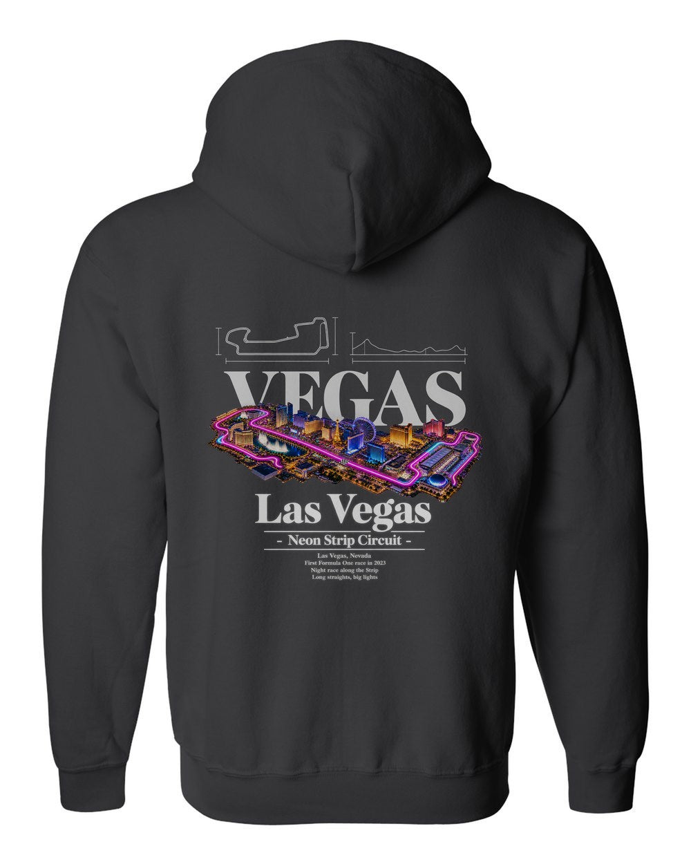 Las Vegas black zip hoodie back view with the design