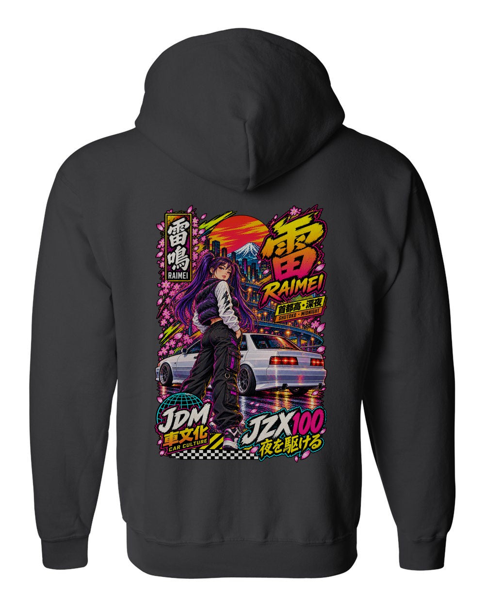 RAIMEI JZX100 full-back artwork black zip hoodie back view with the design