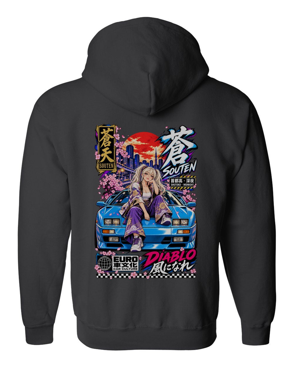 SOUTEN DIABLO full-back artwork black zip hoodie back view with the design