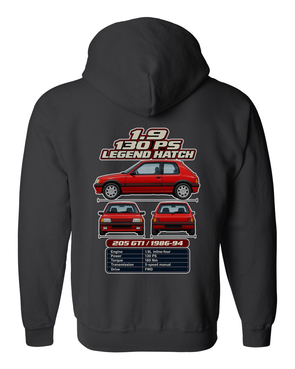 Peugeot 205 Gti 19 spec sheet black zip hoodie back view with the design