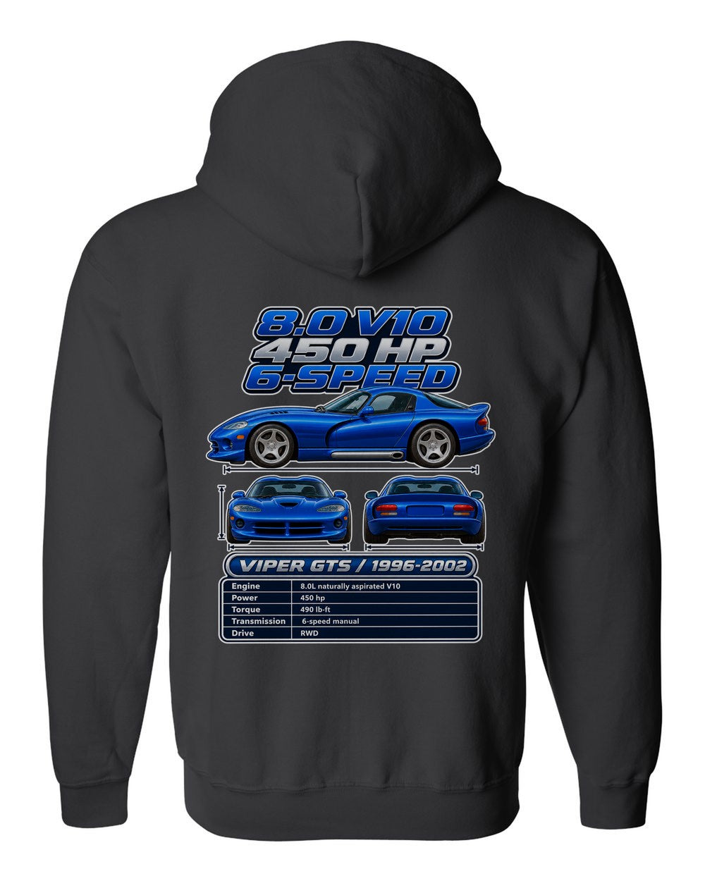 Dodge Viper Gts spec sheet black zip hoodie back view with the design
