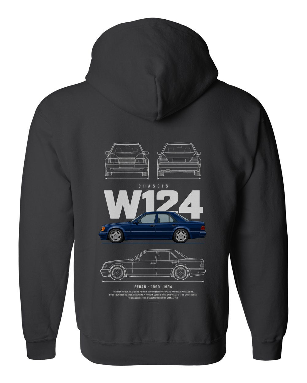 W124 full-back artwork black zip hoodie back view with the design