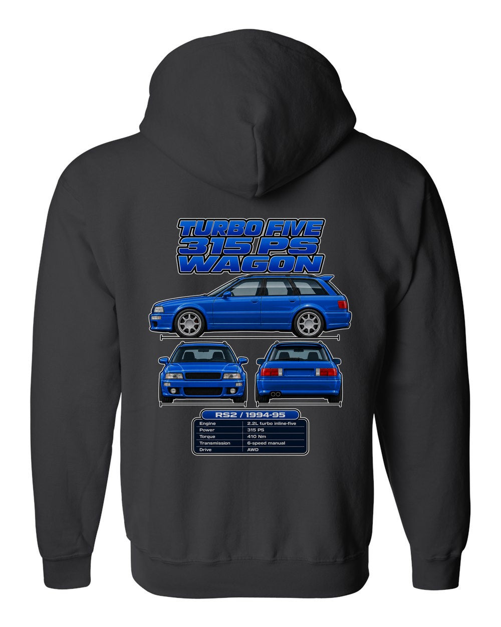 Audi Rs2 Avant spec sheet black zip hoodie back view with the design