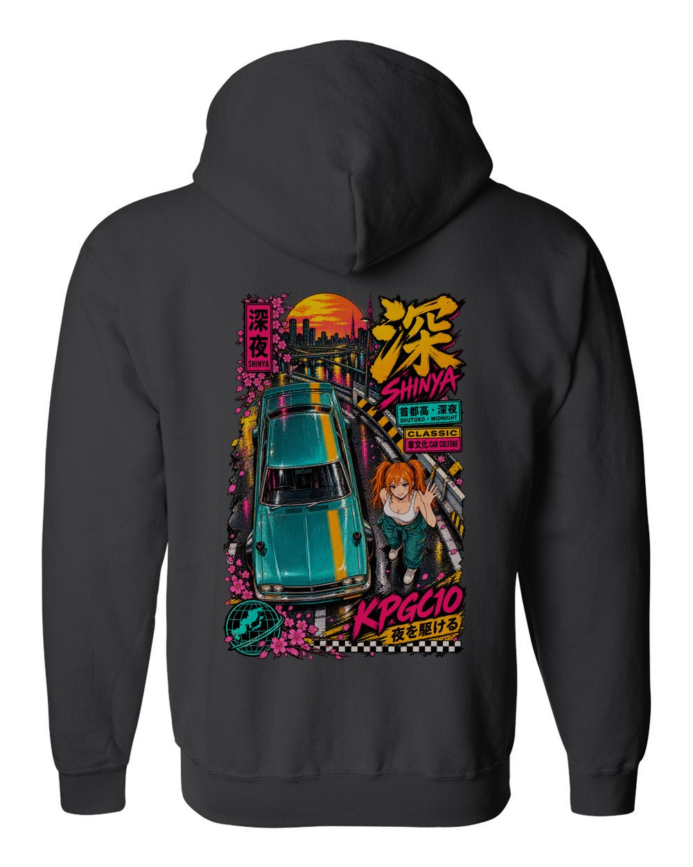 SHINYA KPGC10 full-back artwork black zip hoodie back view with the design