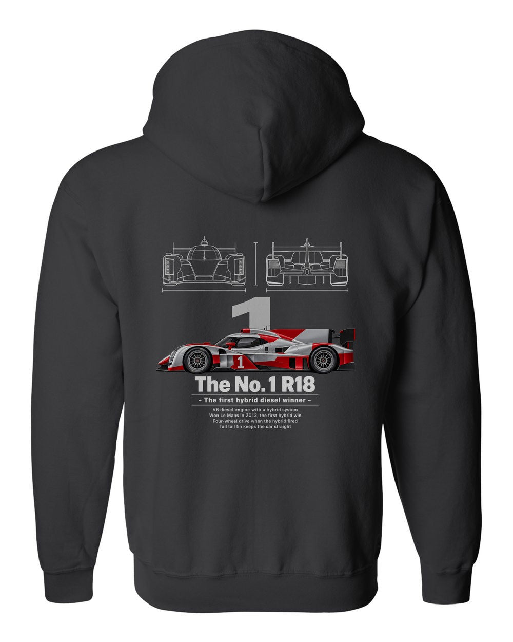 No. 1 R18 black zip hoodie back view with the design