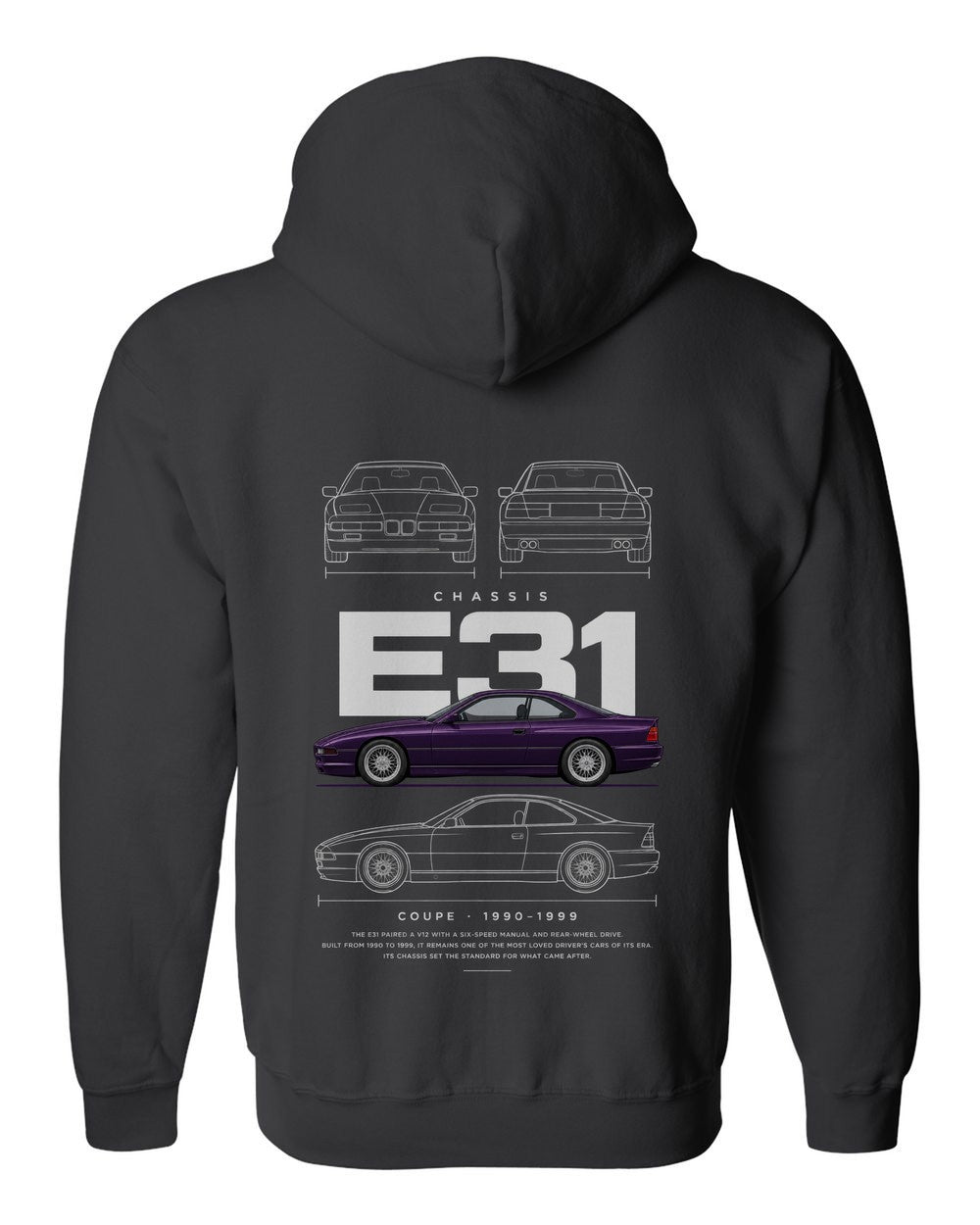 E31 full-back artwork black zip hoodie back view with the design