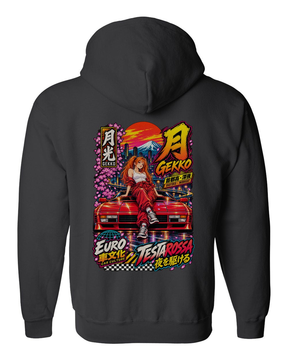 GEKKO TESTAROSSA full-back artwork black zip hoodie back view with the design