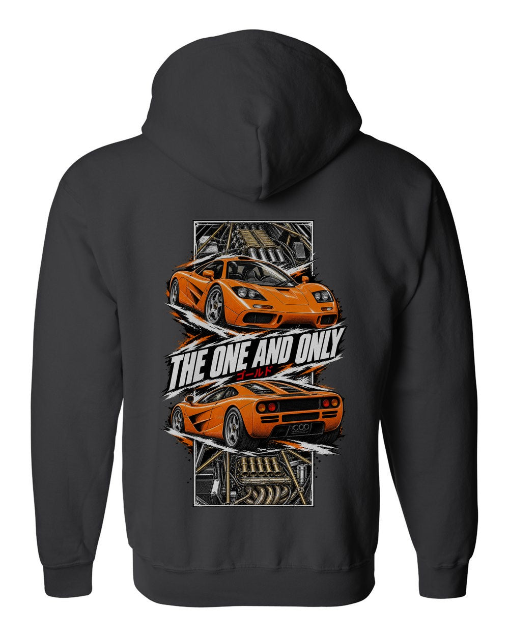 Mclaren F1 torn poster black zip hoodie back view with the design