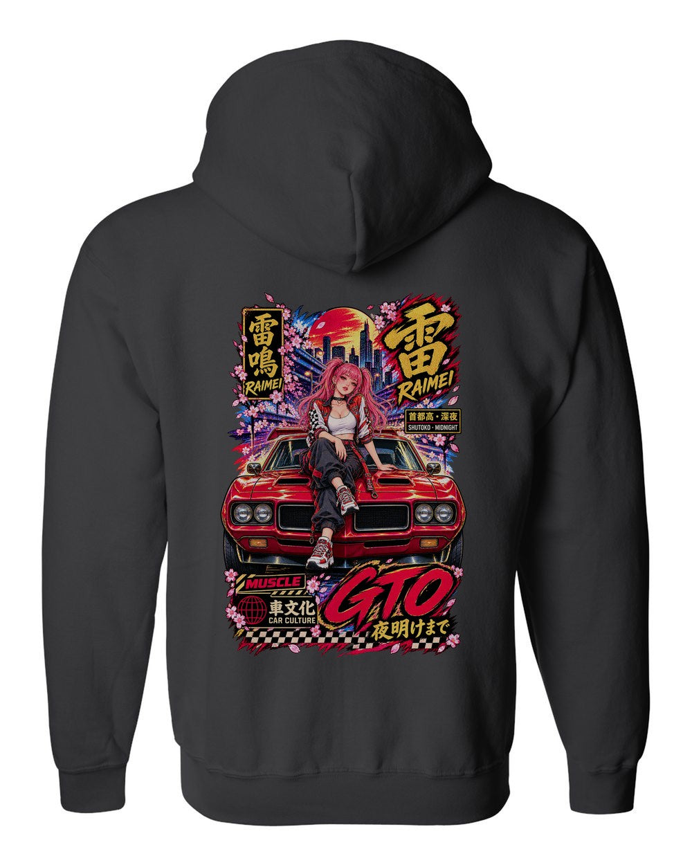 RAIMEI GTO full-back artwork black zip hoodie back view with the design