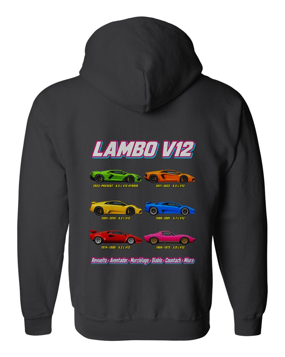 Lamborghini V12 evolution poster black zip hoodie back view with the design